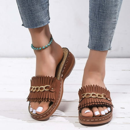 

Wedge Sandals For Women Clearance! Kizly Summer Sandals Women Deals Women s Soft Fashion Casual Comfortable Slippers Slope Heel Tassels Decoration Slippers Womens Sandals