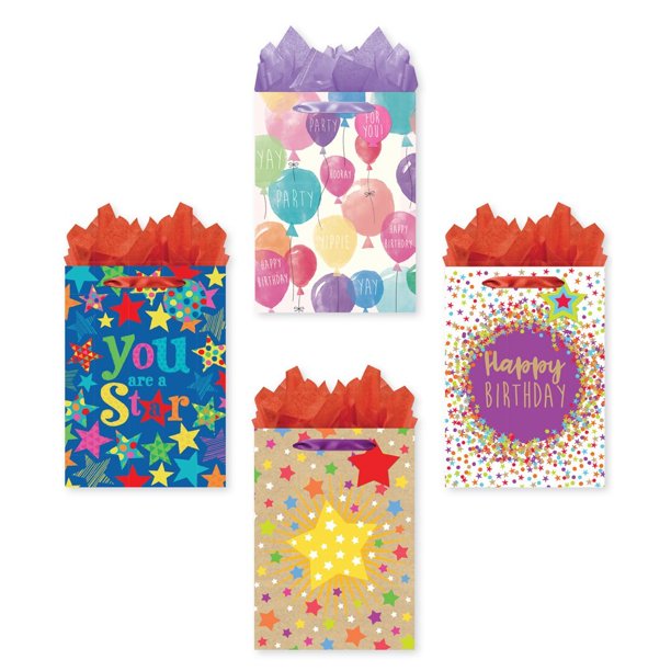Bundle of 4 Jumbo Sized Party Gift Bags, Birthday Gift Bags with Tags