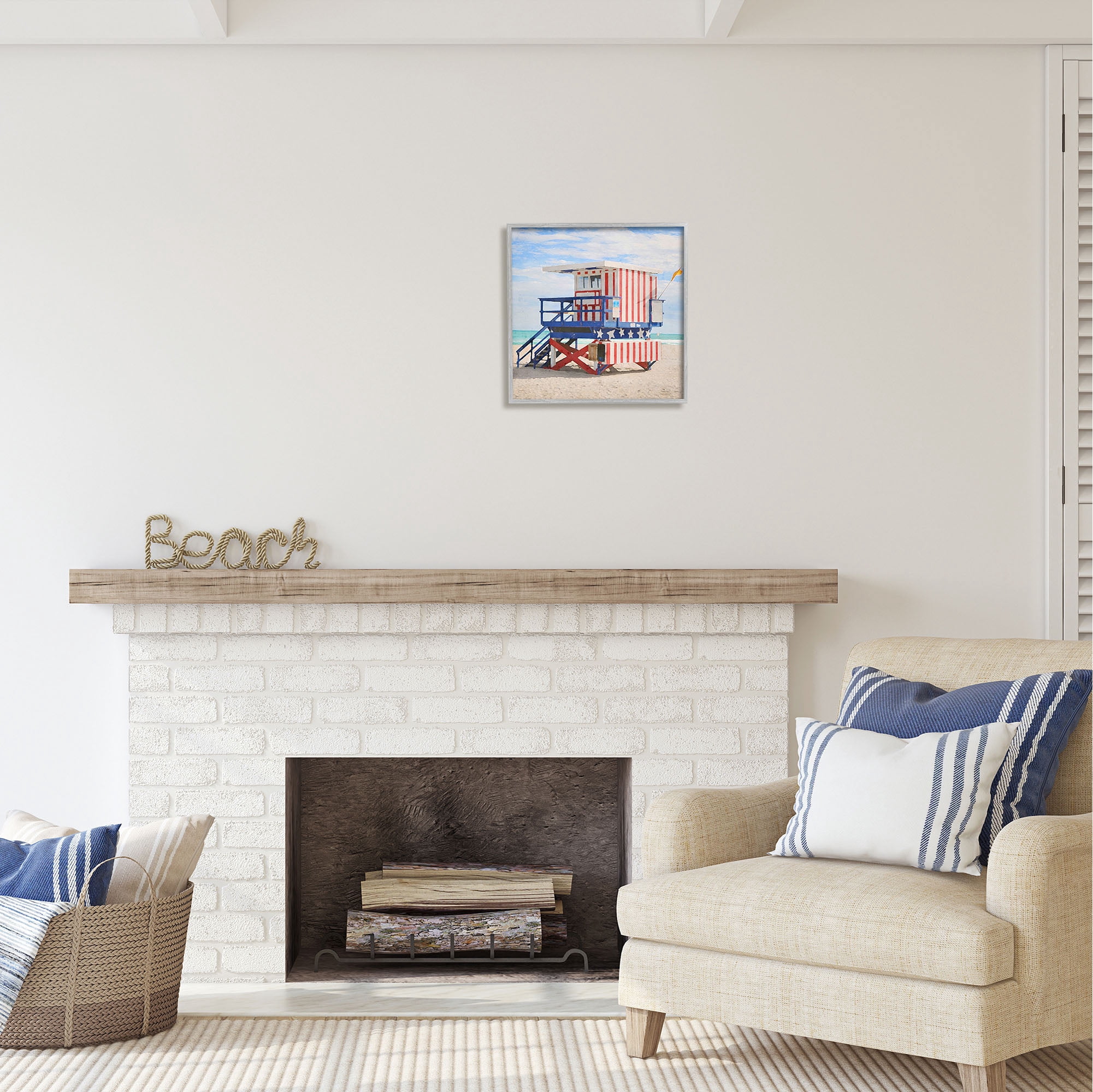Stupell Industries Striped Lifeguard Hut Nature Painting Gray Framed Art Print Wall Art, 17 x 17