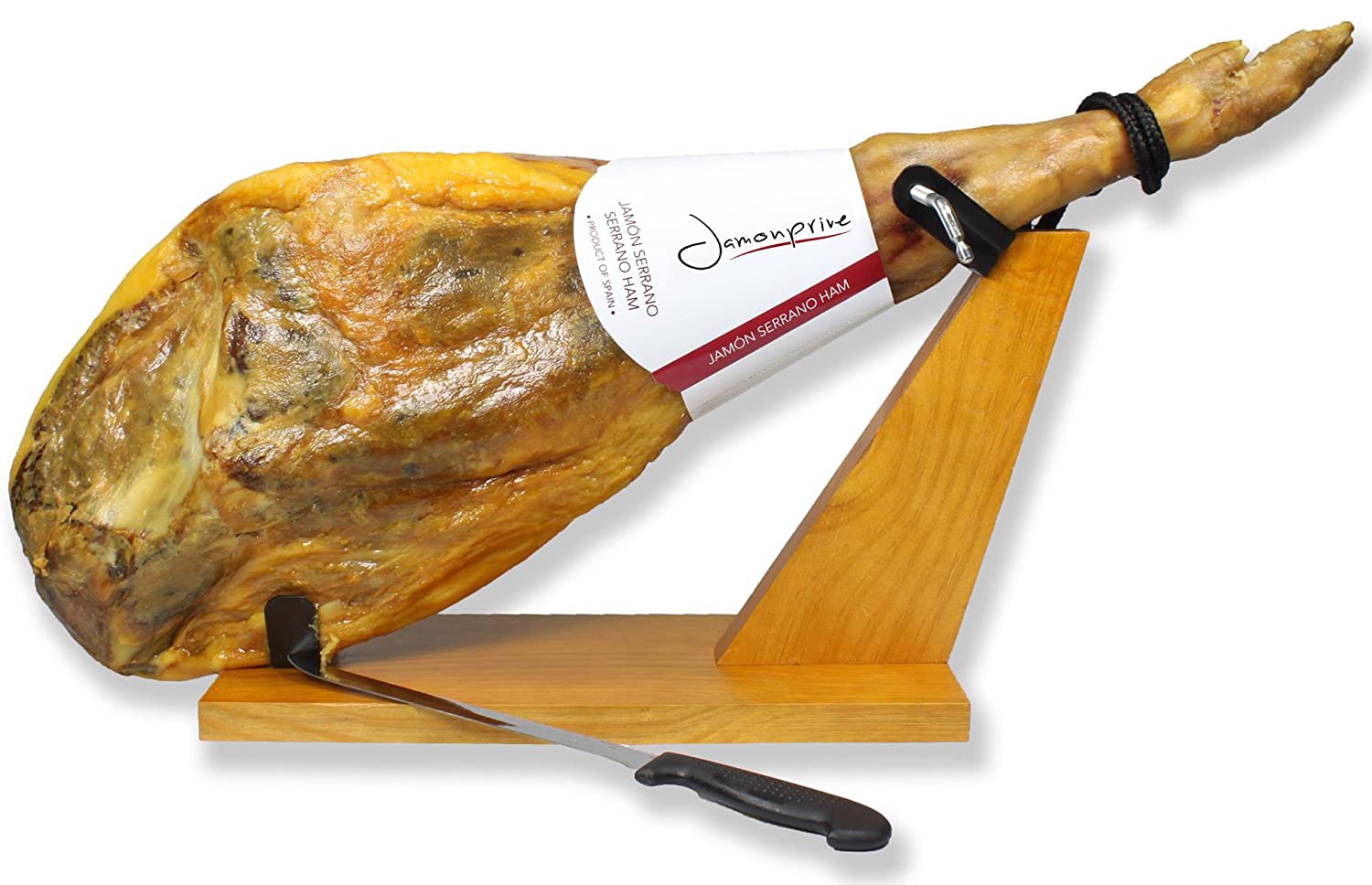 Jamonprive Serrano Ham Bone from Spain 14.7 - 17 lb + Ham Stand + Knife Cured Mediterranean Sea Salt