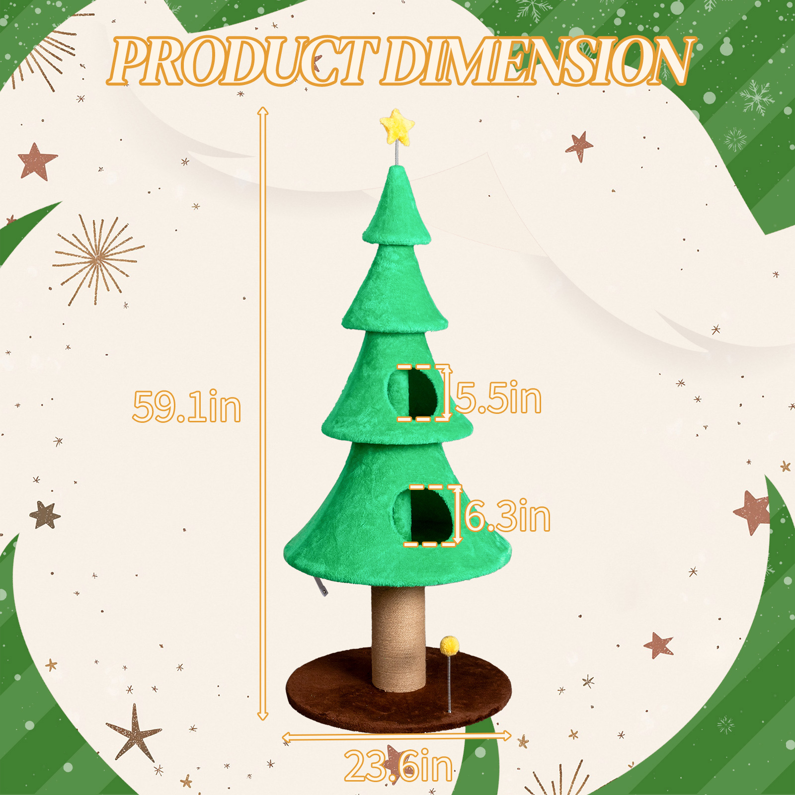 Zephypaws 59" Christmas Tree Cat Tower with 2 Cozy Condos, Plush Fleece Cover, Sisal Scratching Post, Hanging Toy Ball, Wide Stable Base & Multi-Level Openings, Holiday Cat Furniture, Green