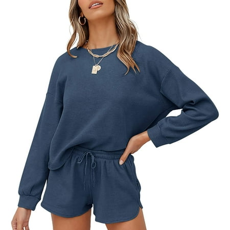 

QWZNDZGR Women s Waffle Knit Long Sleeve Top and Shorts Pullover Nightwear Lounge Pajama Set with Pockets