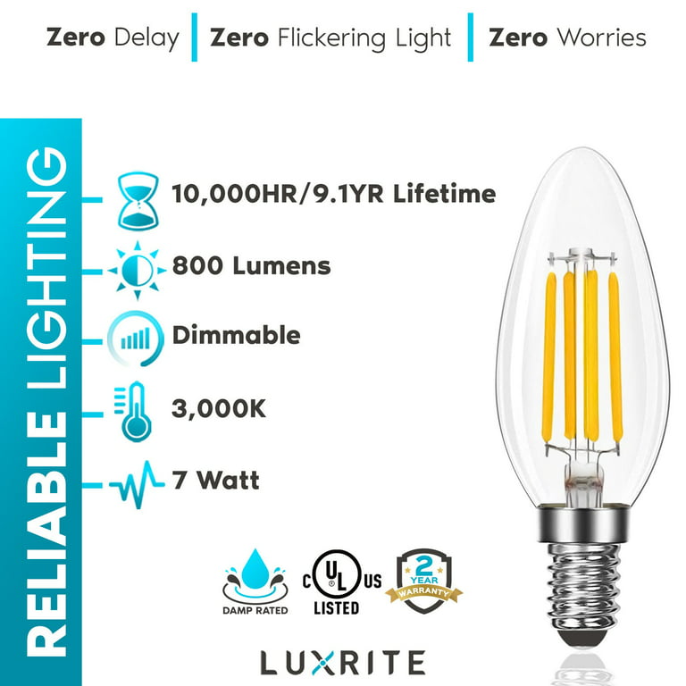 let sorg domæne Luxrite 7W Candelabra LED Light Bulbs 100 Watt Equivalent 3000K Soft White 800  Lumens B11 Dimmable Damp Rated E12 12-Pack - Walmart.com