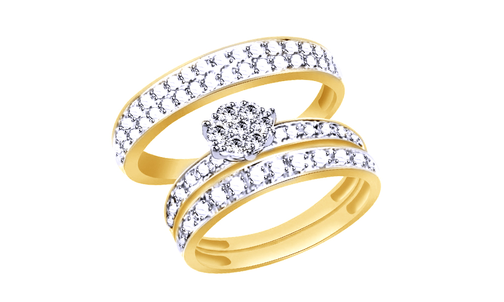 AFFY White Natural Diamond Wedding & Engagement Trio Band Ring Set In 10k Yellow Gold (0.12 Cttw)
