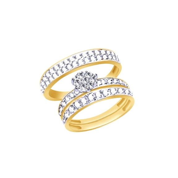 AFFY White Natural Diamond Wedding & Engagement Trio Band Ring Set In 10k Yellow Gold (0.12 Cttw)