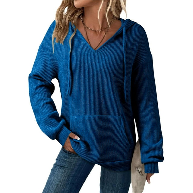 Xdegoge Womens Hoodies Sweatshirts Oversized Sweatshirts Ribbed Knit Long Sleeve Drawstring V Neck Casual Pullover Sweatshirt Hooded Tops Plus Size Fall Winter Clothes with Pockets Blue XXL