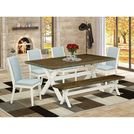 East West Furniture X077LA015-6 6Pc Dinette Sets for Small Spaces Consists of a Kitchen Table 4 Parsons Dining Room Chairs with Baby Blue Color Linen Fabric and a Bench Medium Size Table with… East West Furniture X077LA015-6 6Pc Dinette Sets for Small Spaces Consists of a Kitchen Table 4 Parsons Dining Room Chairs with Baby Blue Color Linen Fabric and a Bench Medium Size Table with…