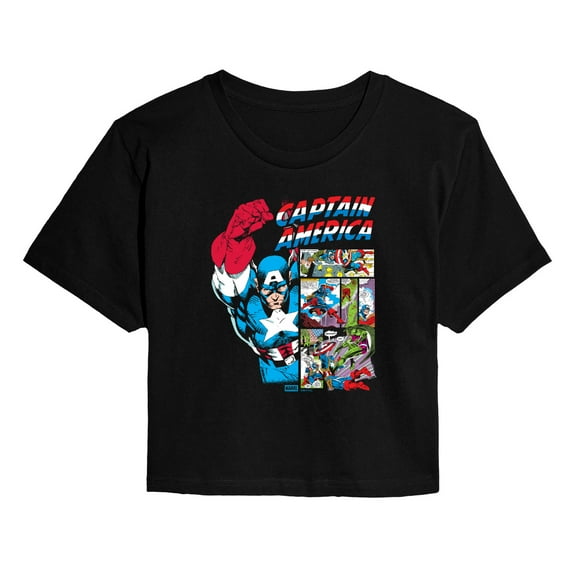 Marvel - Captain America Comic Panel Portrait - Juniors Cropped Short Sleeve Graphic T-Shirt