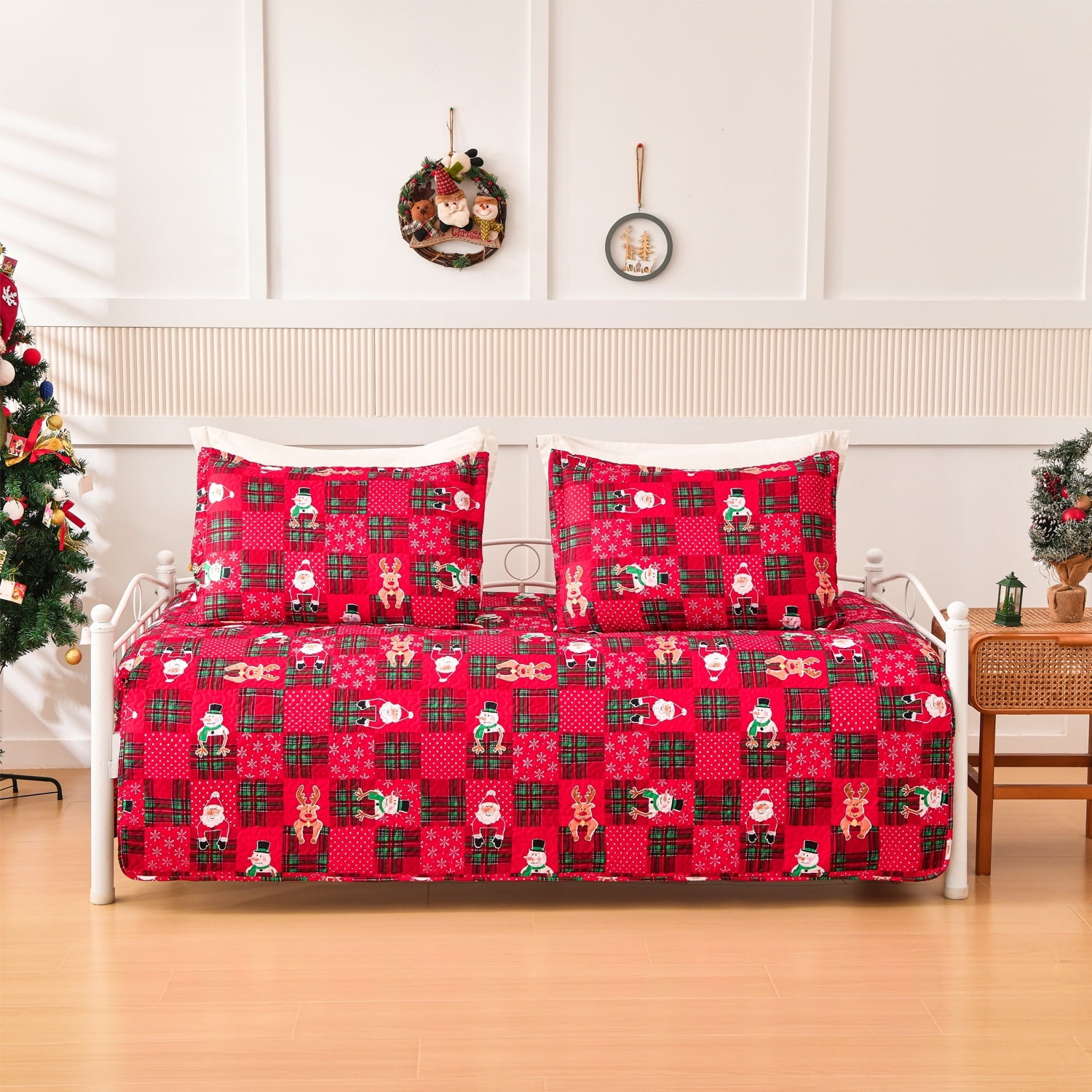 Smuge 3 Piece Christmas Daybed Cover Set, 39"x75" Snowman Elk Red Double Sided Quilting Classic Design, Matching 2 Shams