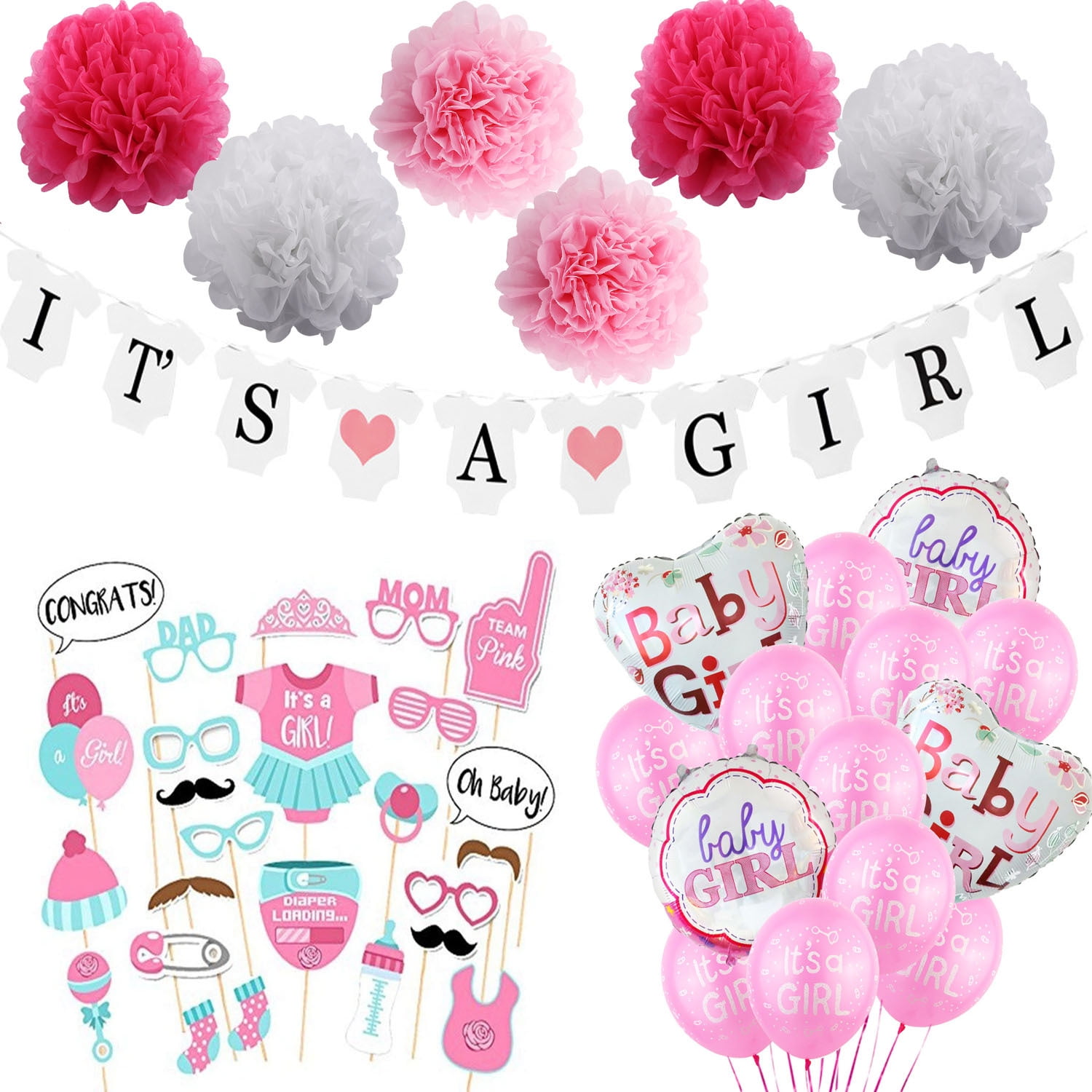 It's A GIRL for Baby Shower Decorations set 54pcs with Photo Booth Props latex Balloons Large Helium Balloons Poms and Banner Kit for Girls