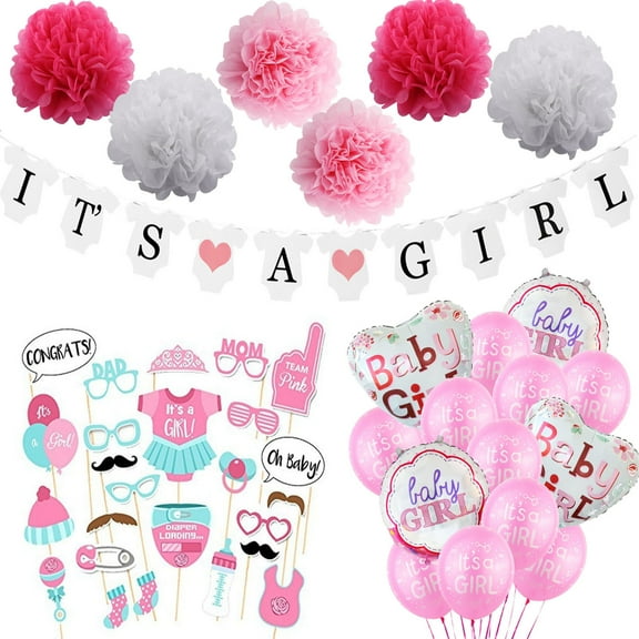 Corelife Large Helium Balloons Poms and Banner Kit for Girls, 54 Pieces