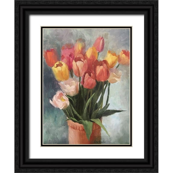 Strube, Ling 25x32 Black Ornate Wood Framed with Double Matting Museum Art Print Titled - Tulips in Vase