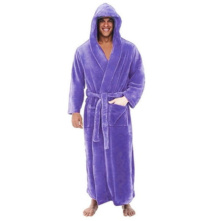 

Miarhb Men s Winter Plush Lengthened Shawl Bathrobe Home Clothes Hooded Long Sleeved Robe Coat Loungewear Purple