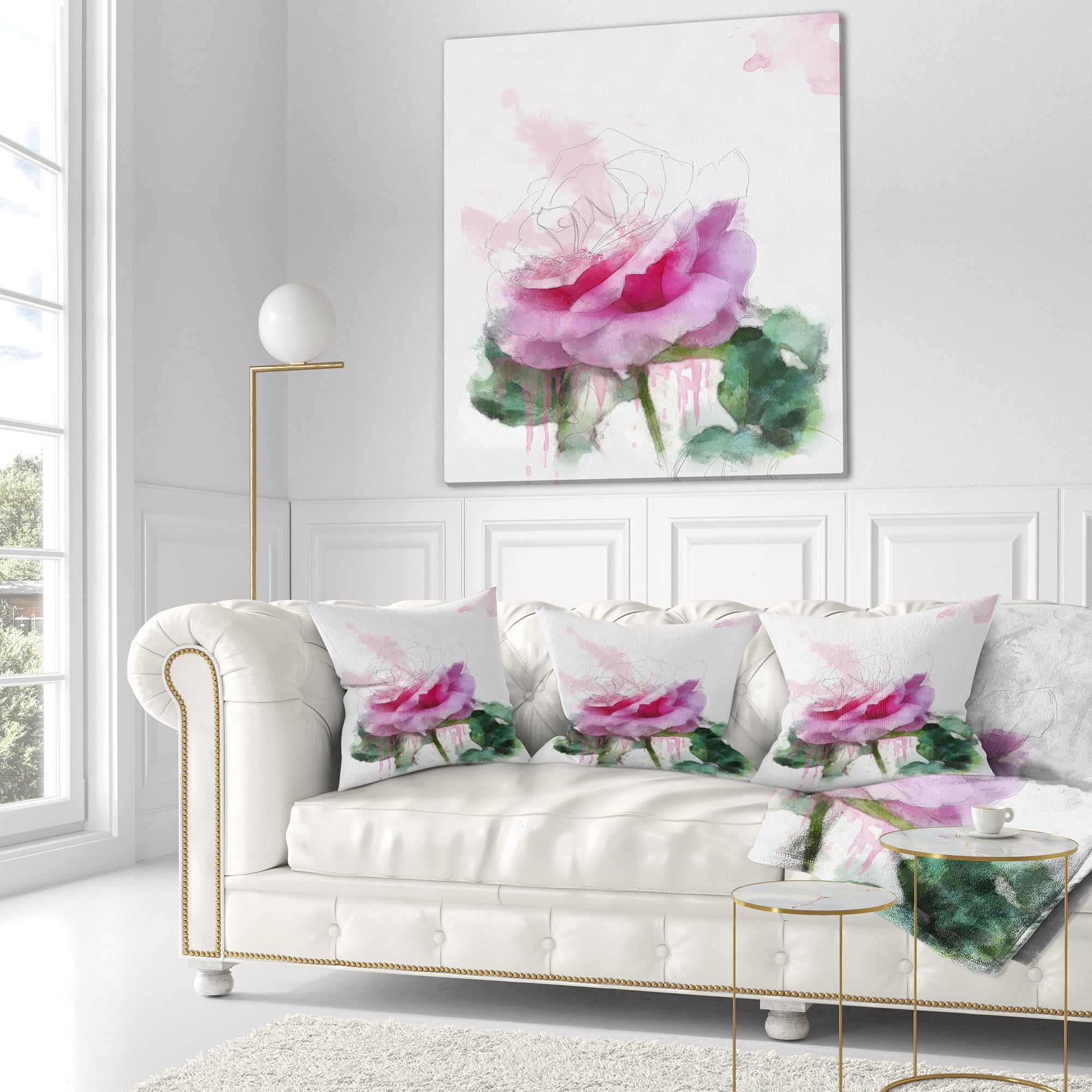 Designart Pink Rose Stem with Paint Splashes - Floral Throw Pillow - 16x16
