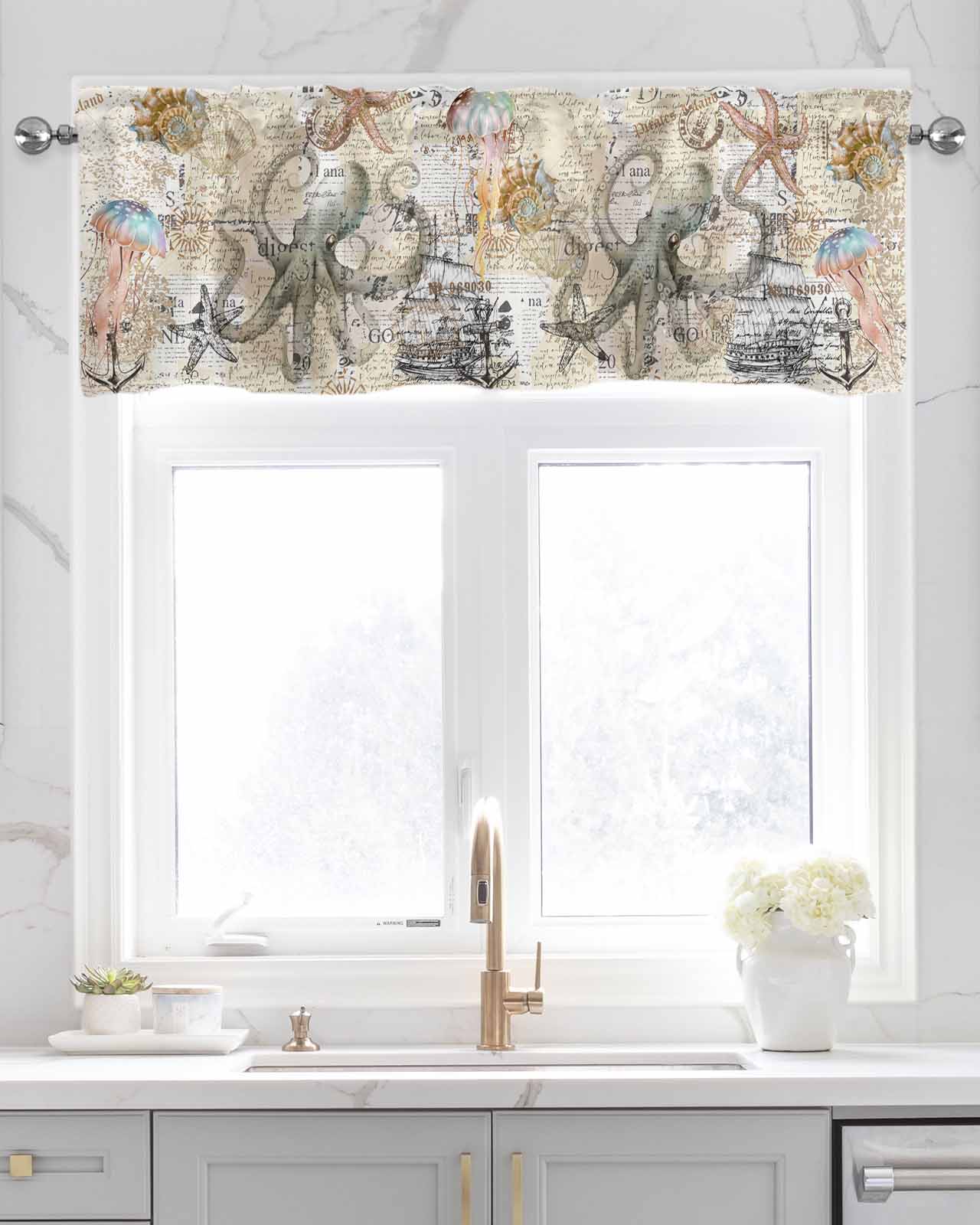 Brown Octopus Linen Curtain Valance for Bedroom/Bathroom/Kitchen/Living/Dining Room Window,Nautical Coastal Anchor Boat Starfish Conch Pocket Topper Drapes Decorative Cafe Drapery Panel 42"x18"