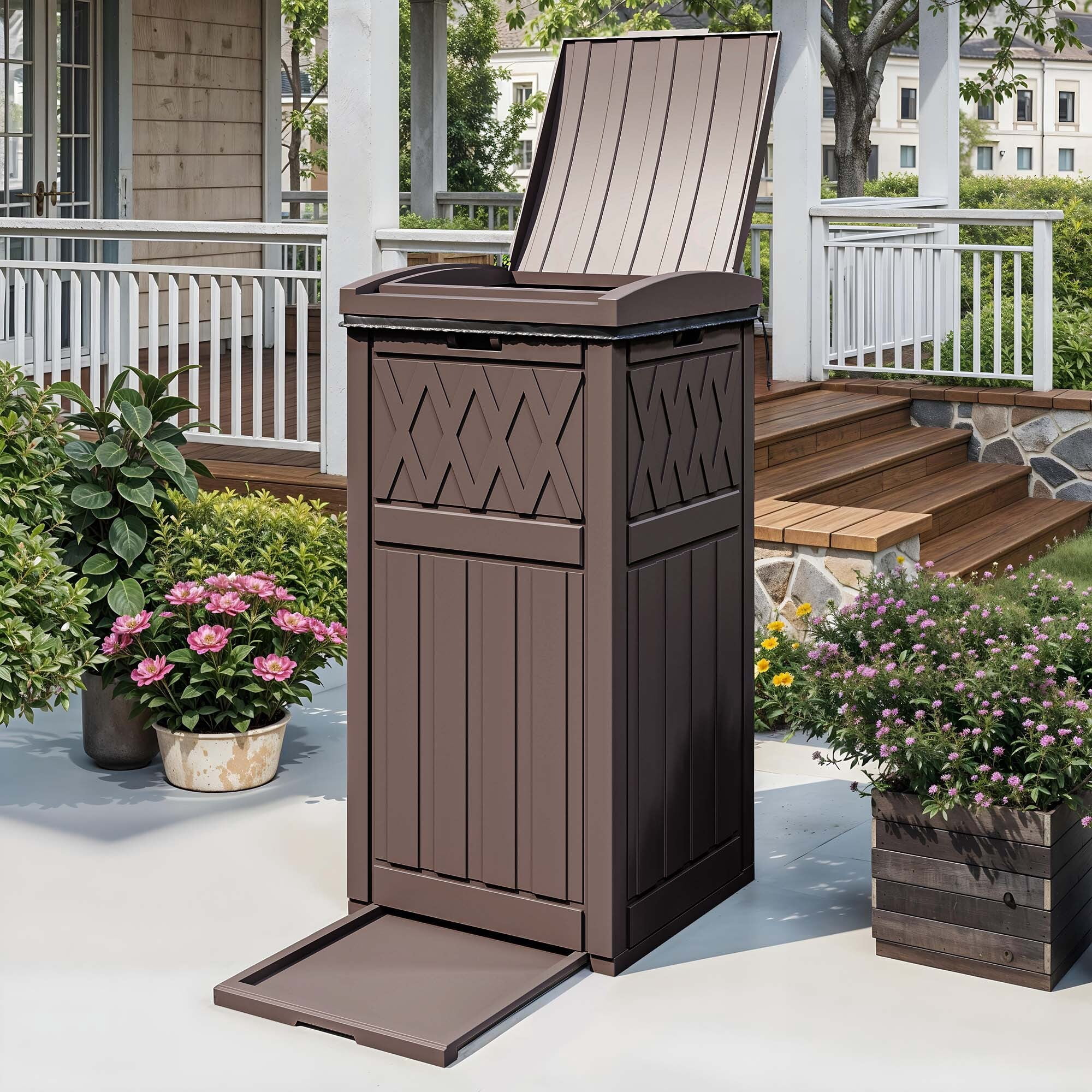 Uforic 31 Gallon Package Delivery Box with Lift-Out Bag, Waterproof Parcel Drop Box with Sign, Resin Outdoor Porch Package Container for Curbside, Patio and Yard Use, Dark Brown