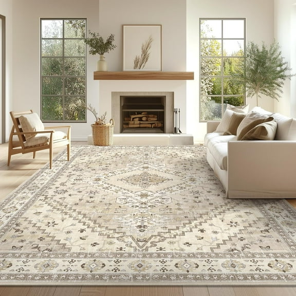 Findosom 8x10 Retro Area Rugs for Living Room, Machine Washable Non Slip Vintage Bohemia Rugs Low Pile Distressed Carpet Area Rug for Bedroom,Entryway,Dining Room,Home Office, Brown