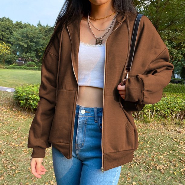 Chaqueta Sudadera básica para mujer, corte holgado, con capucha, estilo informal, con cremallera, ropa de calle, traje Cgtredaw Café M para Mujer