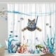 thumbnail image 1 of Divertido juego de cortinas de ducha para gatos, color verde azulado, mar, océano, tela impermeable, cortinas de ducha con animales, pulpo, estrella de mar, ancla de tortuga, peces náuticos, decoración de cortina de baño (azul, 72 x 72 pulgadas) Rojo Verde, 1 of 5