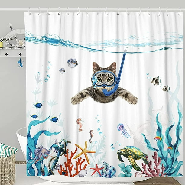 Funny Cat Shower Curtain Set Teal Blue, Cloth Nautical Shower Curtains