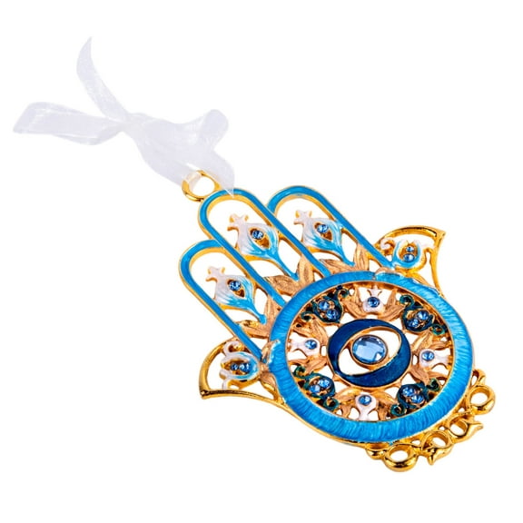 STP Goods Jeweled Hamsa with Blue Evil Eye Protection Wall Hanging Decoration in Gift Box 4x5.6" Hamsa Hand Wall Décor Wall Hanging Amulet Good Luck Home Wall Décor, Blue and Gold Colors