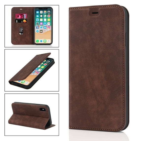 TECH CIRCLE Wallet Case for Apple iPhone X,iPhone XS,Full Protection Plain Leather Magnetic Flip Kickstand RFID Blocking ID Credit Card Slots Phone Case Cover,Coffee