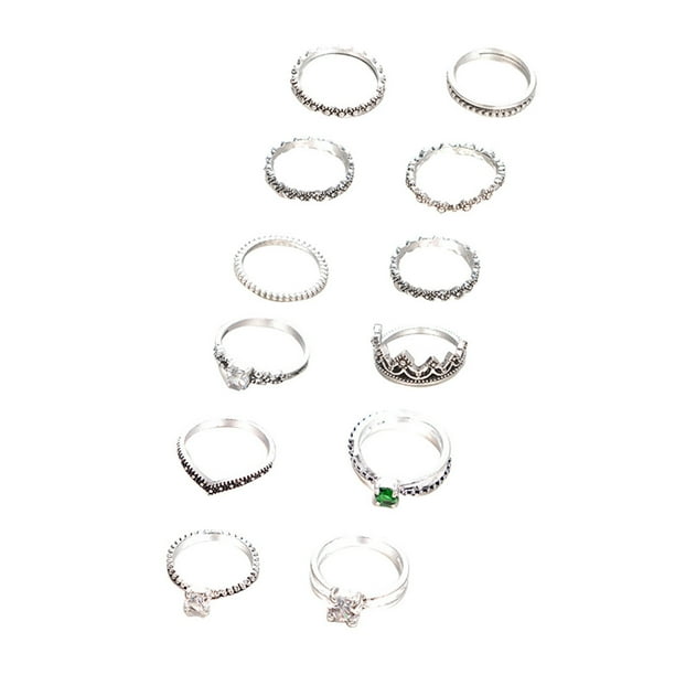 Anillos de plata de Bohemia por encima de Cristal Anillos Mujeres Stack Set Vintage 12PC Anillos