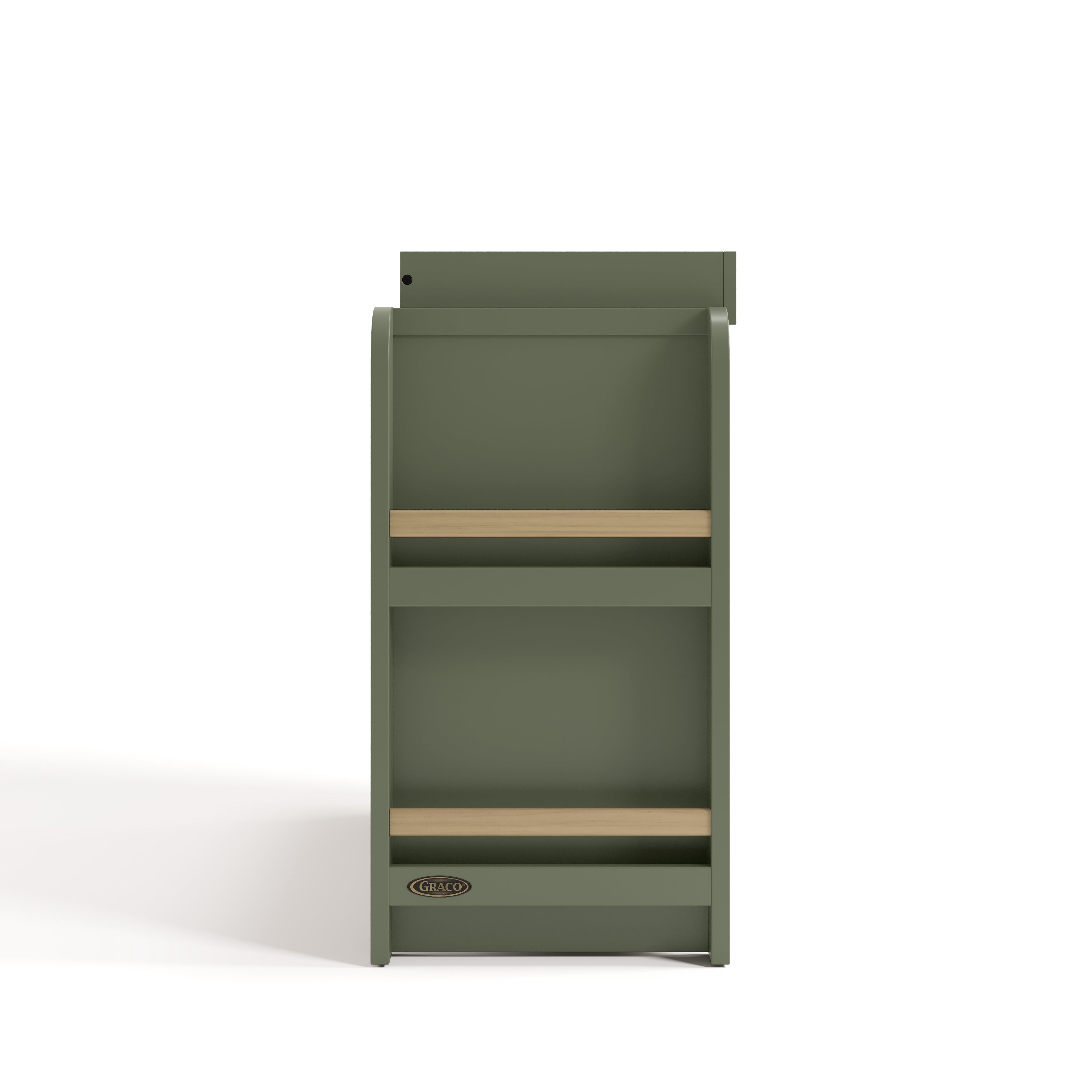Graco Read-with-Me 3 Drawer Chest with Bookshelves and Removable Changing Topper, Olive with Driftwood