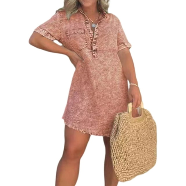 Innerwin Robe en Denim Col à Revers Dames Mini Robes Courtes Manches de Voyage Kaftan Été Plage Robe Orange L