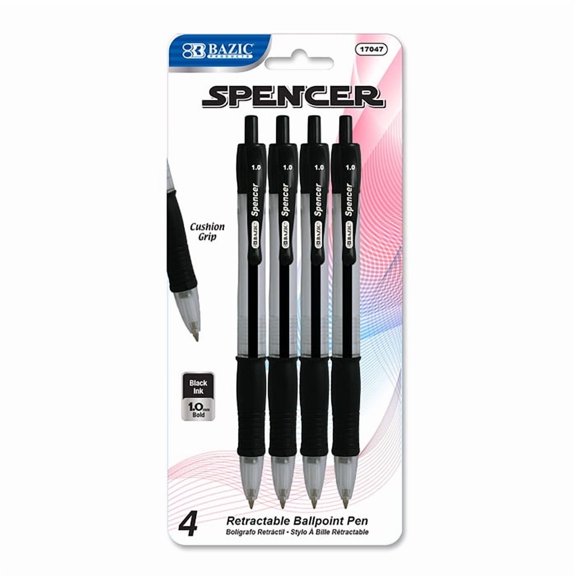 BAZIC Ballpoint Spencer Black Retractable Pen Soft Grip 1.0 mm, (5/Pack), 1-Pack