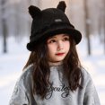 thumbnail image 3 of Ferjadq Kids Fuzzy Fleece Cat Ear Bucket Hat Short Brim Cute Winter Fisherman Cap for Toddler Girls Multi Tone Black,2-8 Years, 3 of 5