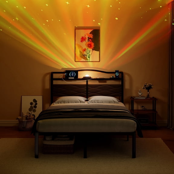 QUEEN14 Inch High metal Bed FrameWith Galaxy Aurora Star ProjectorFabric Upholstered Headboard