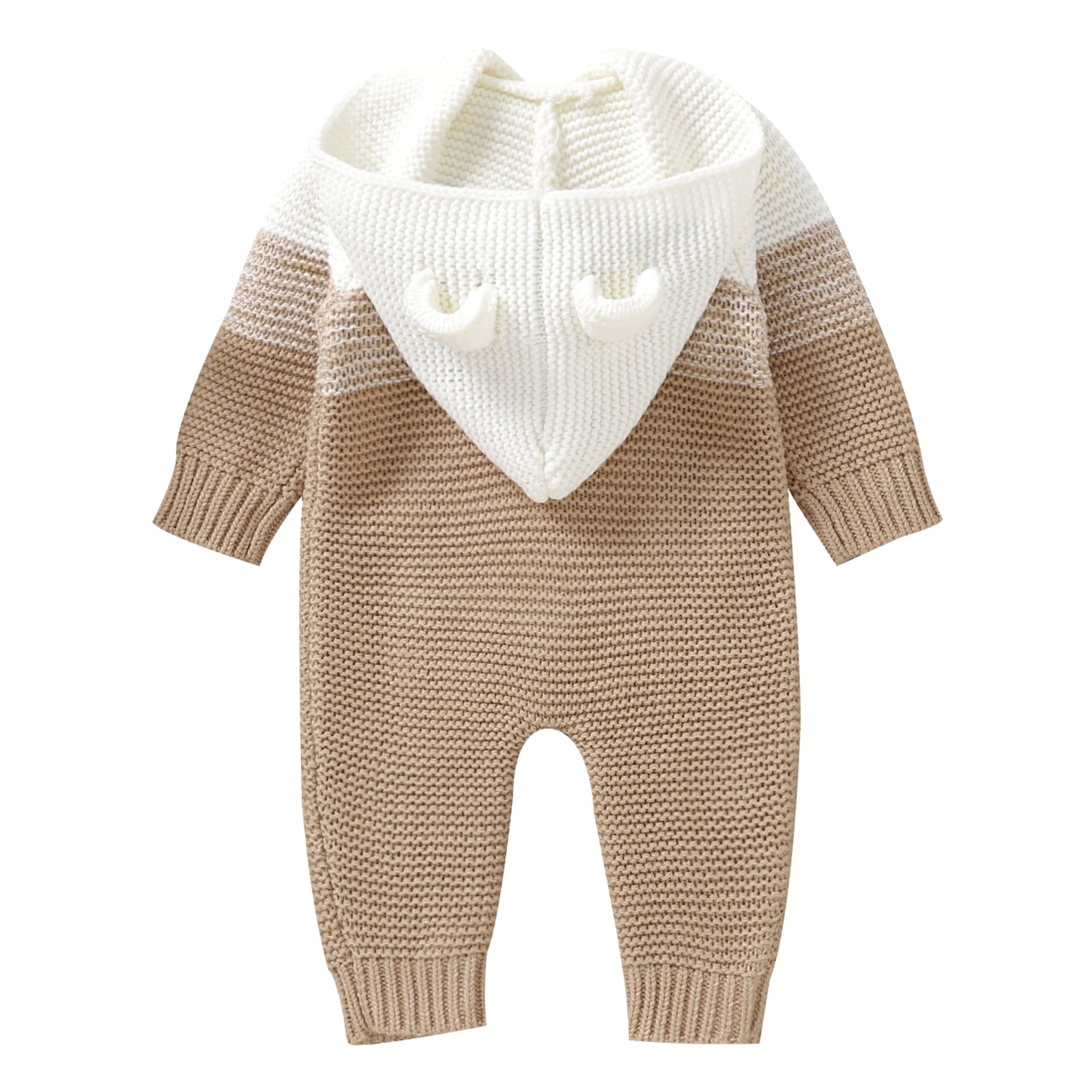 FYMNSI Newborn Baby Girl Boy Hooded Romper Infant Button Down Knitted Jumpsuit Fall Winter Clothes 0-3 Months Khaki