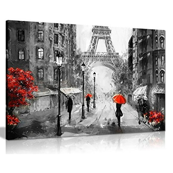 Peinture à l'Huile Noir Blanc Rouge Paris Tour Eiffel Vue de Rue Toile Art Mural Image Impression (36x24)