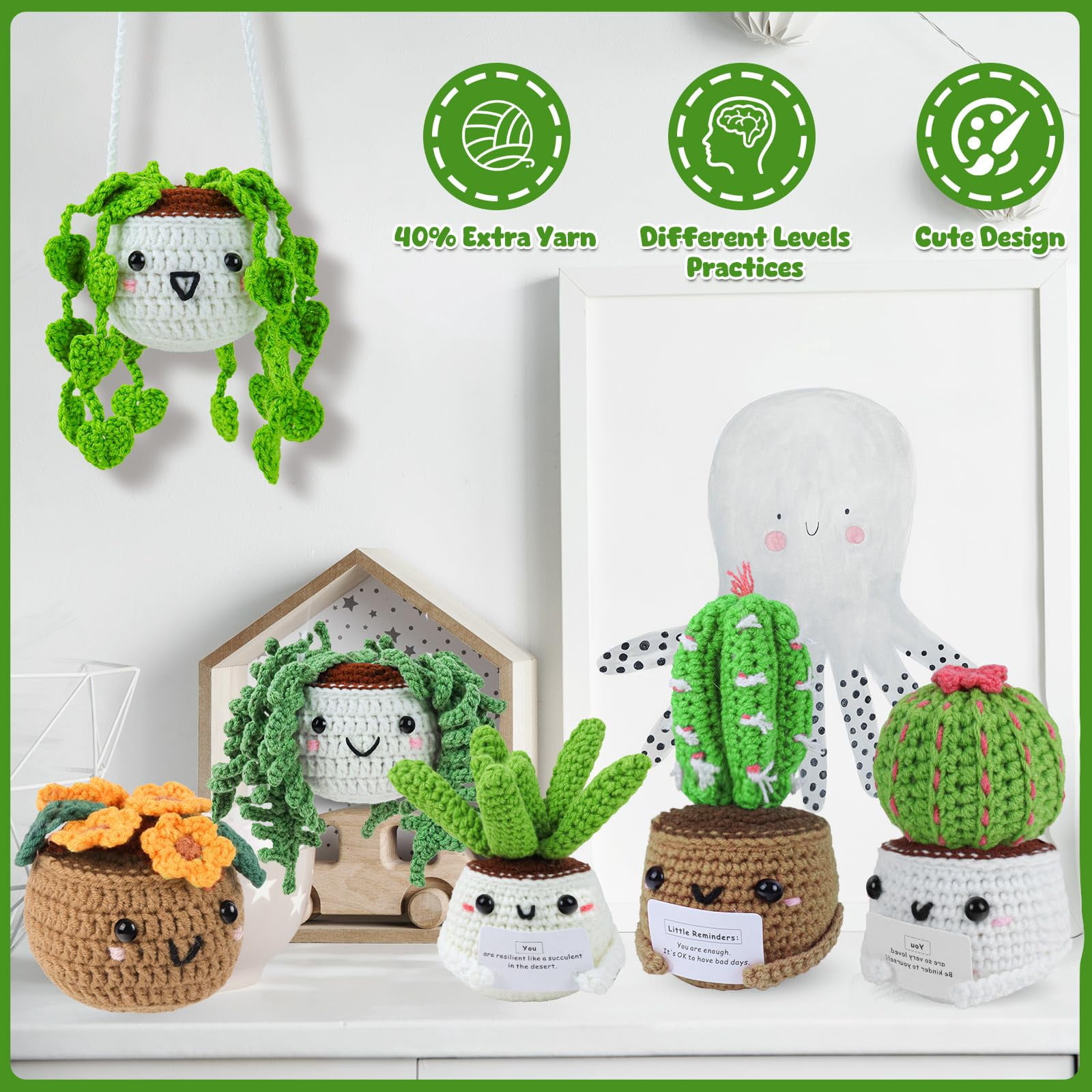 Crochet Kit for Beginners, Crochet Starter Kits for Adults Amigurumi Craft KnittCrochet Kits with Step-by-Step Video Tutorials, 6 Pack Hanging Potted Plants Family(40%+ Yarn