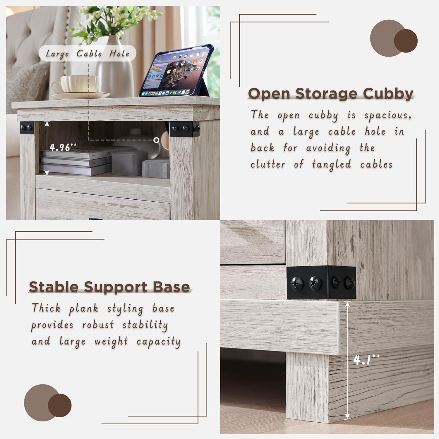 OKD Farmhouse 18" Nightstand with Charging Station, Rustic Metal Wood End Tables with Adjustable Shelves, Side Tables，Antique Brush White
