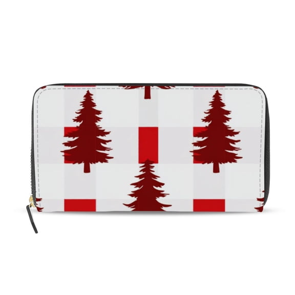 Red Christmas Trees Plaids Women's Long Zipper Wallet Bifold Clutch Purse PU Leather Card Cases