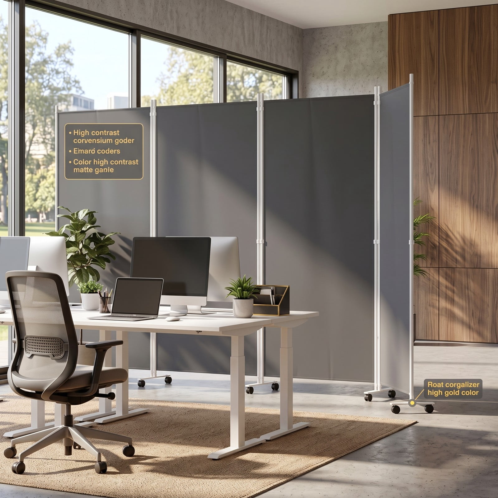 Fenbeli 4 Panel Folding Room Divider Privacy Screen with Wheels, Freestanding Polyester Fabric Partition with Metal Frame for Living Room Bedroom Office, Gray