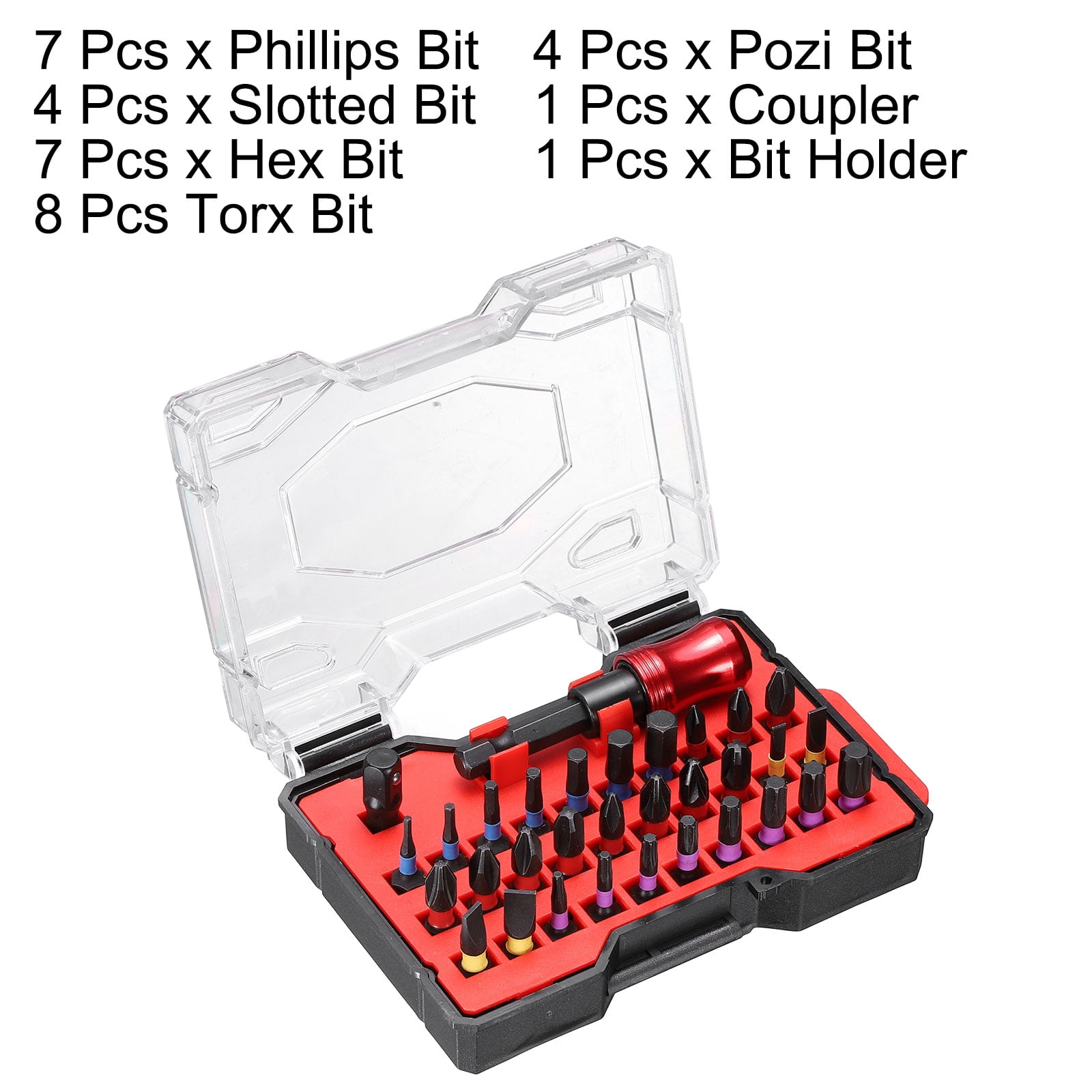 Uxcell 32pcs PH0-PH3 Phillips SL3-SL6 Slotted H1.5-H6 Hex T8-T40 Torx PZ1-PZ3 Pozi Screwdriver Bit Set 1/4" Hex Shank Magnetic Drill Bits with Coupler Bit Holder and Red Case