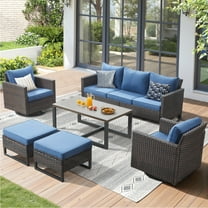 Unnifurnzi Outdoor Furniture-6 Pieces Outdoor Conversation Sets with Outdoor Swivel Rocking Chairs Outdoor Couch and Ottoman Outdoor Wicker Furniture for Deck Balcony Garden-Brown/Blue