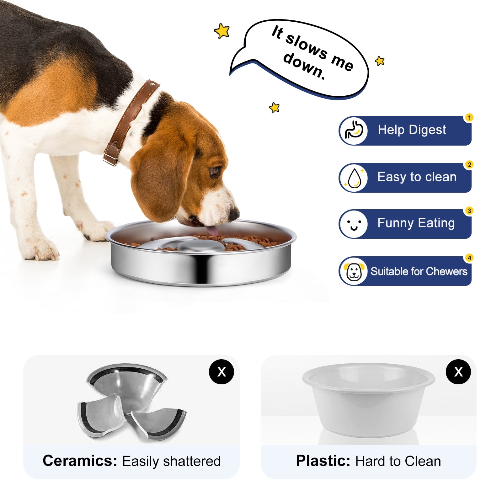 Slow Feeder Dog Bowl Stainless Steel, Non-Slip Rubber Base Metal Dog Bowls, 8.6" Slow Water Bowl for Dogs Small Medium, Fun Bloat Stop Pet Bowl for Fast Eaters, Puzzle Maze Bowl Slow Down Eating