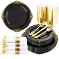 thumbnail image 1 of Hioasis 350pcs Black and Gold Plastic Plates with Gold Plastic Silverware For Weddings&Parties Served for 50Guests include 50Dinner Plates 50Dessert Plates 50 Rolled Napkins with Gold Cutlery 50Cups, 1 of 4