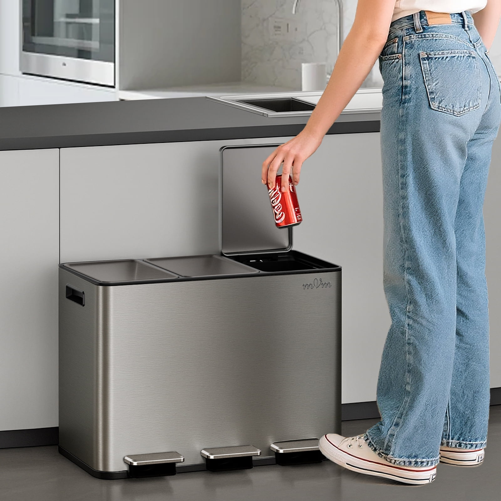 mVm 12 Gal 3 Compartment Trash Can, Triple Step Trash Can with Lid, Modern Kitchen Office Garbage Can（Gray）