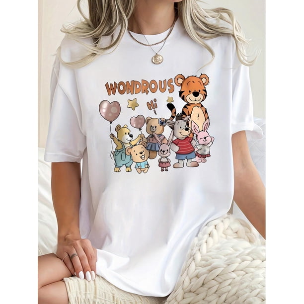 Camiseta para mujer verano cuello redondo1pc Women'S Casual Crew Neck T-Shirt with Cute Cartoon Bear Print, Polyester Knit Fabric, Medium Stretch, Animal Pattern, Fashionable Short Sleeve Top for Al
