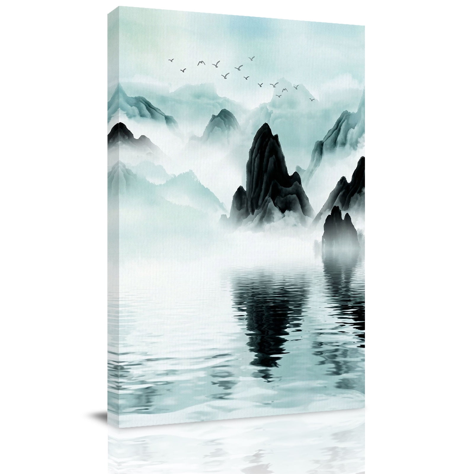 Traditional Ink Painting Canvas Wall Art for Living Room Chinese Green Theme Nature Landscape Poster Print Painting for Bedroom Office Home Decoration Wall Pictures Prepare To Hang 24 x32