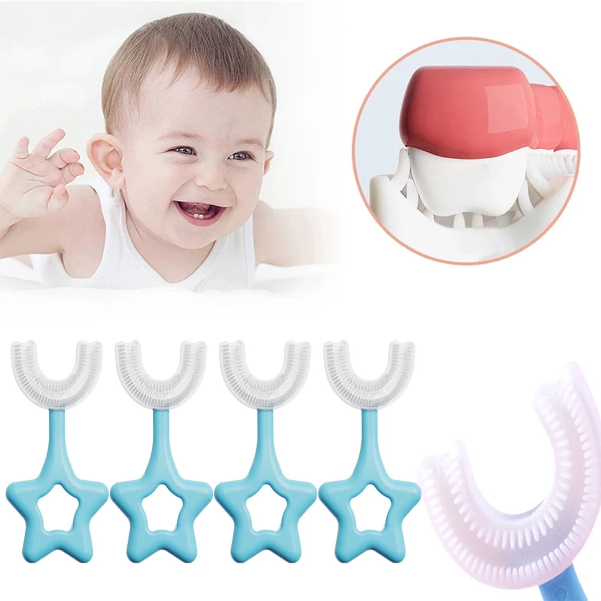 4Pieces UShaped Kids Toothbrush, Food Grade Soft Silicone Brush Head