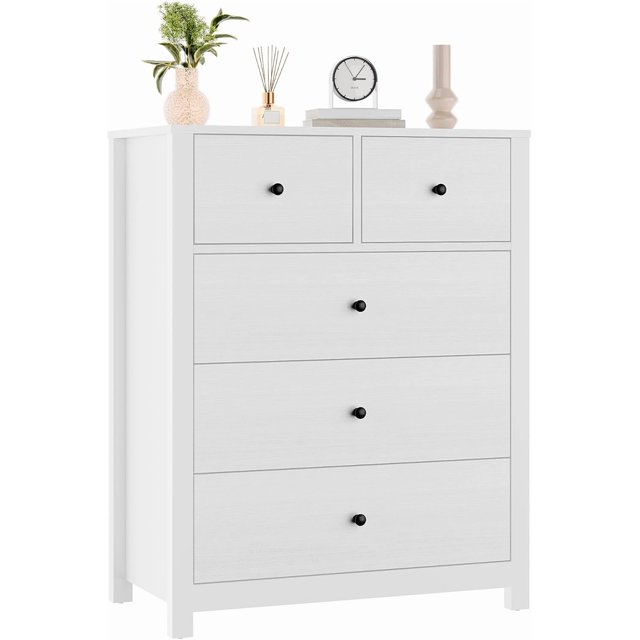 Commode Haute Blanche à 5 Tiroirs avec Tiroirs Profonds et Boutons en Métal, Commode Double Moderne en Bois pour Chambre, Entrée