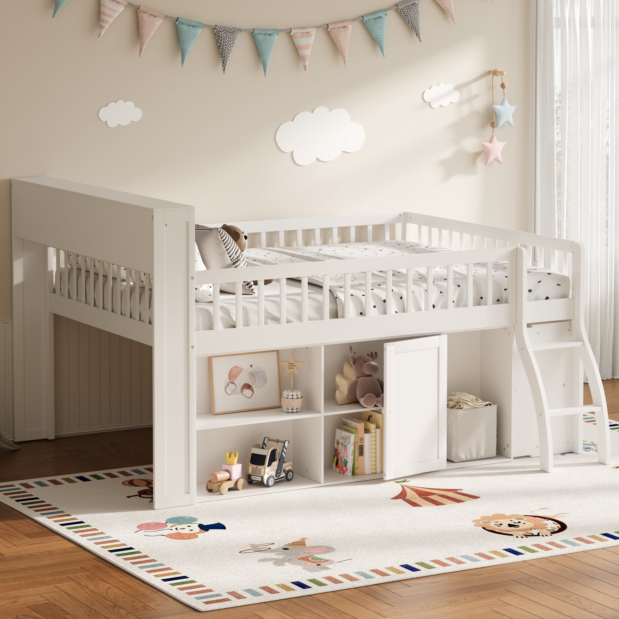 Euroco Wood Queen Size Loft Bed with Storage Shelves and LED Light, White