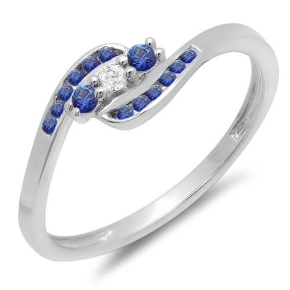 Dazzlingrock Collection 14K Round Blue Sapphire And White Diamond Ladies Anniversary Promise Wedding Ring, White Gold, Size 9