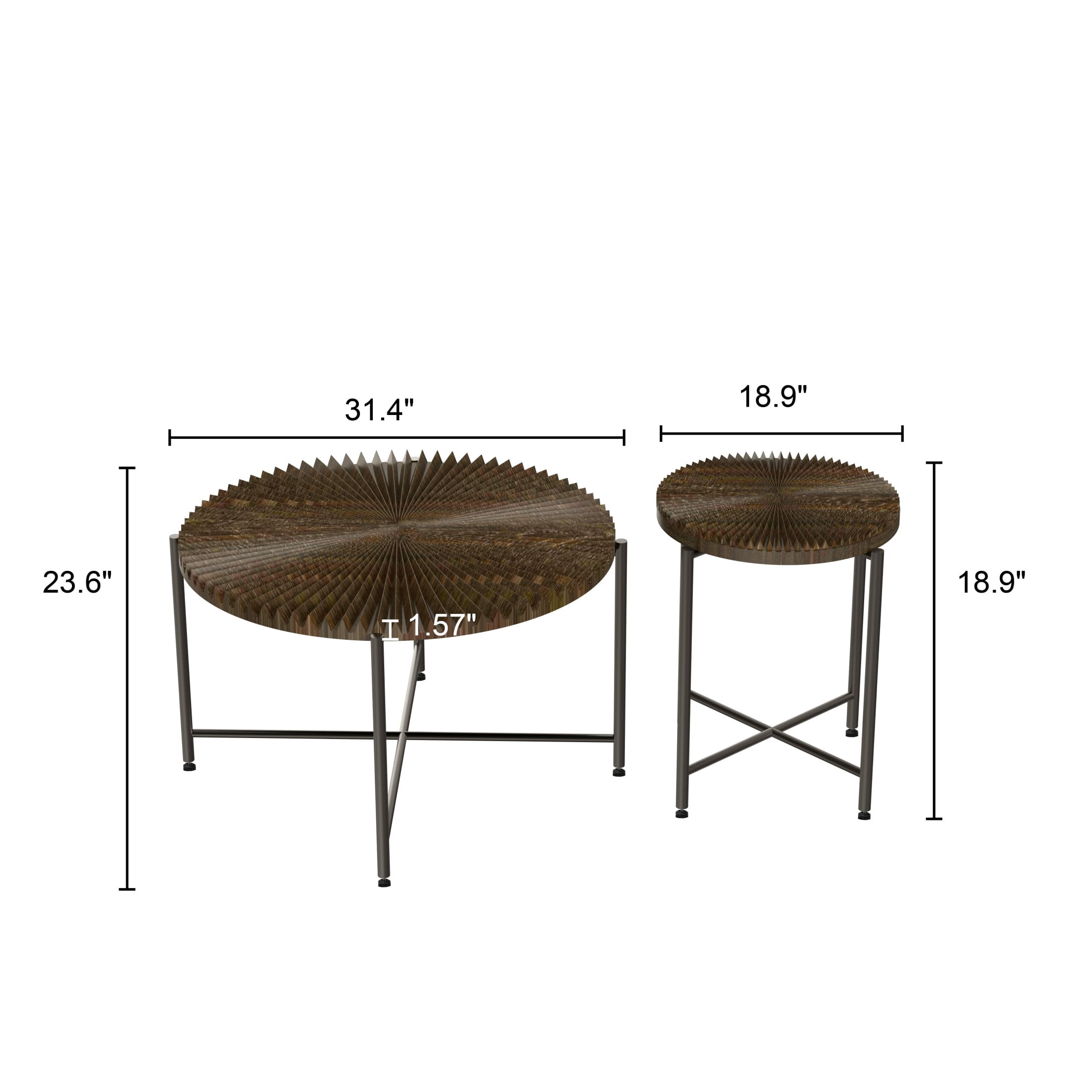 GDF Studio 2-Piece Rustic Coffee and End Table Set, Radial Pattern Tabletops, Black Metal Legs, Walnut Brown